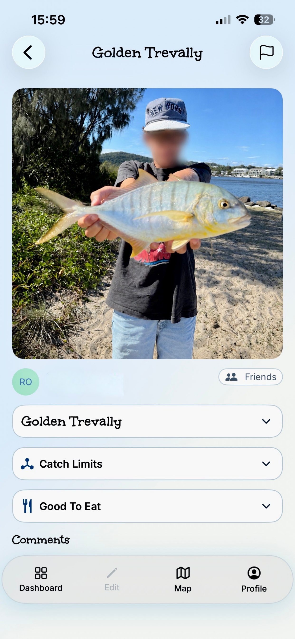 Catch screen showing a Golden Trevally identified in On The Fish