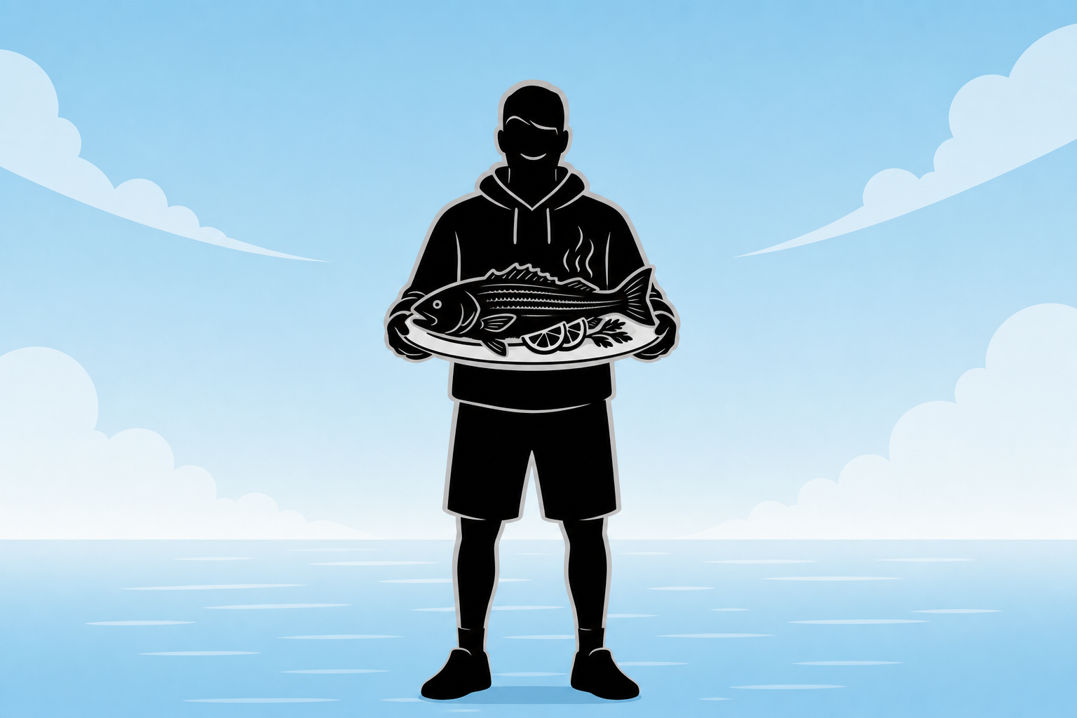 Angler with a freshly cooked fish on a dinner plate